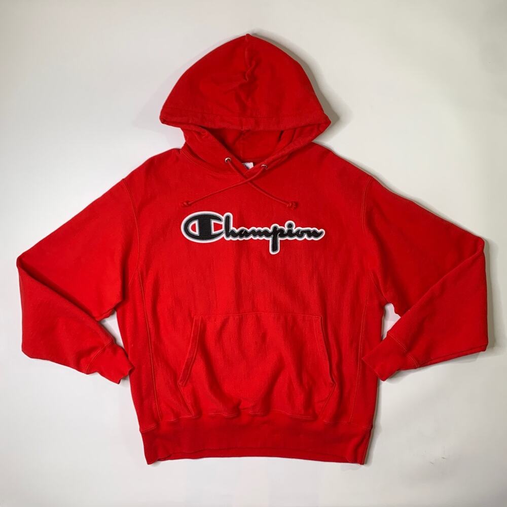 Champion Sweatshirt Mens L Large Red Reverse Weave Fleece Lined Hooded Pullover - Picture 2 of 11